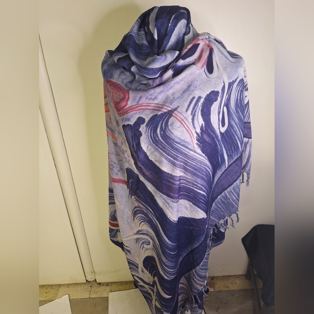 Abstract Wave Pattern Shawl Or Scarf  in Lavender, Navy & Coral 65" X 42" - Picture 3 of 4